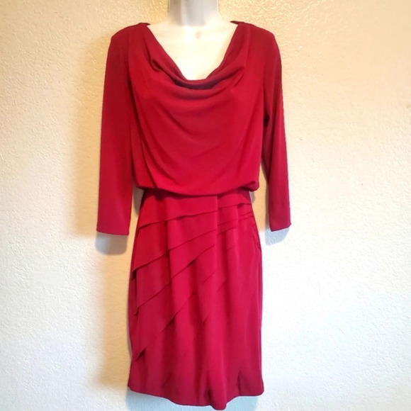 💚5/$25 London Times Burgundy Draped Stretchy Mini Dress Size 4 - Picture 1 of 8